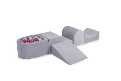 Velvet Foam Playset with Small Ball Pit with 100 Balls Light Gray: White Pearl /Gray/Dark Pink
