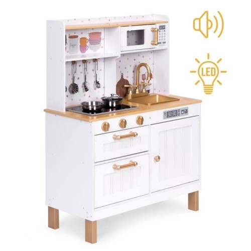 Large Wooden Play Kitchen for Children with Sounds and LED, Opening Cabinets, 7 Accessories
