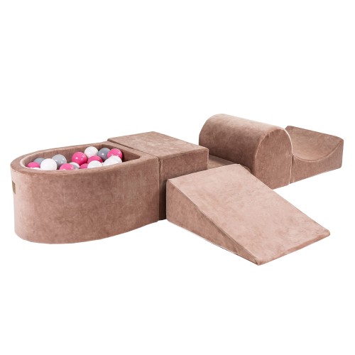 Velvet Foam Playset with Small Ball Pit with 100 Balls Beige: Light Pink/Gray/White