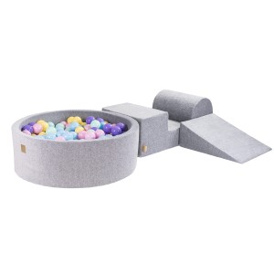 Velvet Foam 3 elements Playset with Ball Pit 90x30cm with 200 Balls Light Grey: Baby Blue/Pastel Pink/Pastel Yellow/Purple/Mint