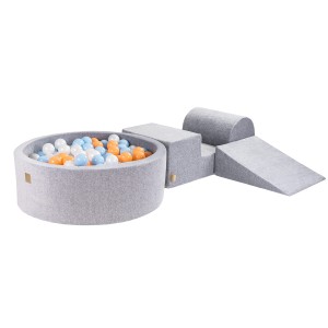 Velvet Foam 3 elements Playset with Ball Pit 90x30cm with 200 Balls Light Grey: Peach/Baby Blue/White Pearl