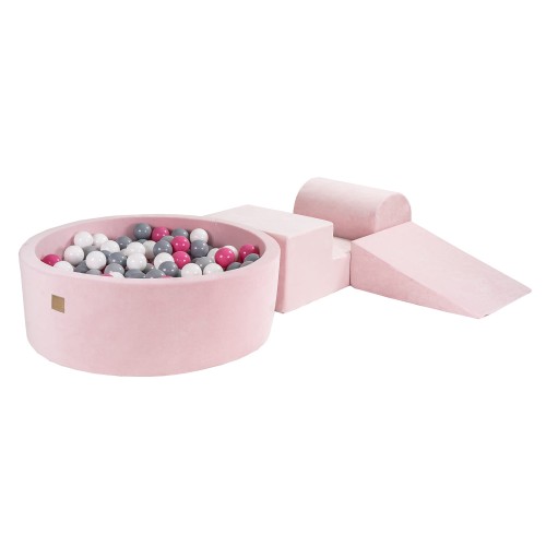 Velvet Foam 3 elements Playset with Ball Pit 90x30cm with 200 Balls Light Pink: Light Pink/Grey/White