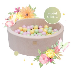 Round Ball Pit with 250 balls, 90x30cm, Ecru, Velvet, Model Spring