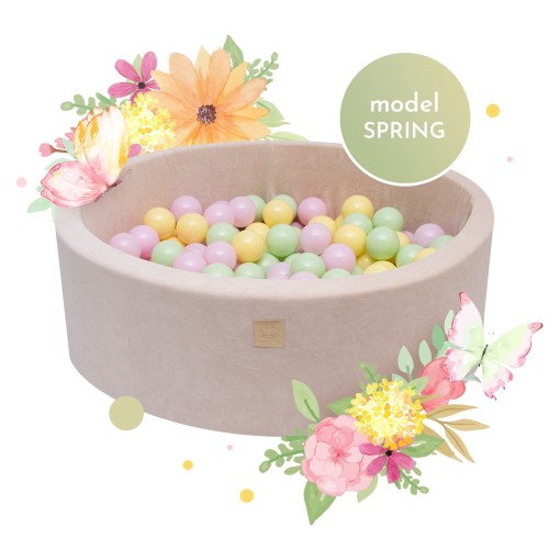 Round Ball Pit with 250 balls, 90x30cm, Ecru, Velvet, Model Spring
