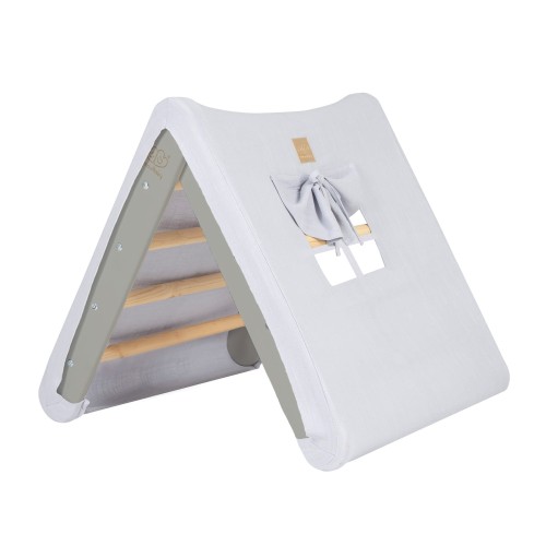 A house for children with a ladder 60x61 cm folding into the room. Wood, Linen, Viscose, Grey and Blue House, Grey ladder