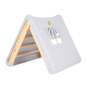 A house for children with a ladder 60x61 cm folding into the room. Wood, Linen, Viscose, Grey and Blue House, Natural ladder
