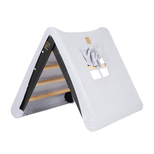 A house for children with a ladder 60x61 cm folding into the room. Wood, Linen, Viscose, Grey and Blue House, Black ladder