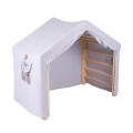 Climbing Ladder Large House 112x61x94 cm Indoor Traingle with Tent. Wood, Linen, Viscose, Gray and Blue House, Natural ladder