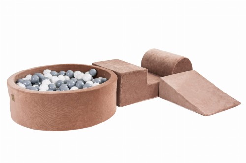 Velvet Foam 3 elements Playset with Ball Pit 90x30cm with 200 Balls Beige: Grey/White