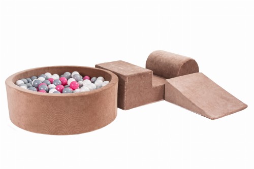 Velvet Foam 3 elements Playset with Ball Pit 90x30cm with 200 Balls Beige: Light Pink/Grey/White
