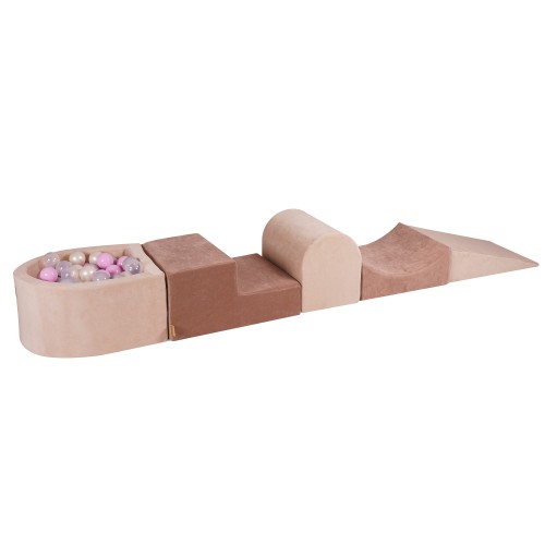 Velvet Foam Playset with Small Ball Pit with 100 Balls Ecru Beige: Transparentne/Pastel Pink/White Pearl/Gray