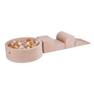 Velvet Foam 3 elements Playset with Ball Pit 90x30cm with 200 Balls Ecru: Gold/Beige/White/Transparent