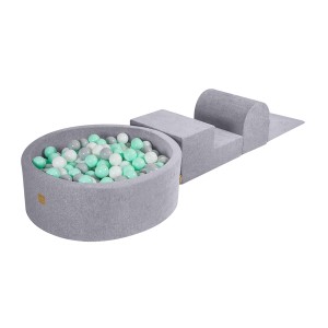 Velvet Foam 3 elements Playset with Ball Pit 90x30cm with 200 Balls Light Grey: White/Gray/Mint