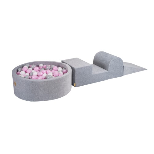 Velvet Foam 3 elements Playset with Ball Pit 90x30cm with 200 Balls Light Grey: White/Gray/Pastel Pink