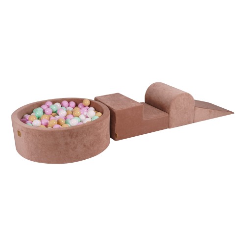 Velvet Foam 3 elements Playset with Ball Pit 90x30cm with 200 Balls Beige: Pastel Pink/Mint/White/Beige