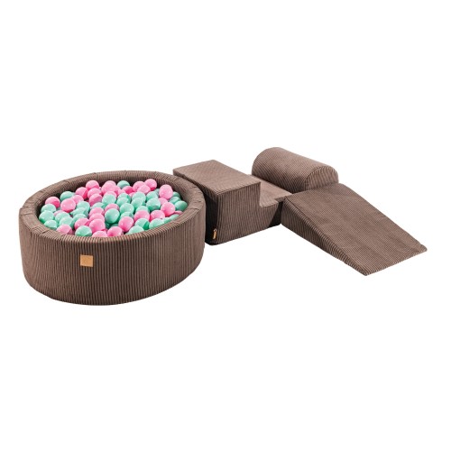 Aesthetic Foam 3 elements Playset with Ball Pit 90x30cm with 200 Balls, Corduroy, Brown: Pastel Pink/Mint