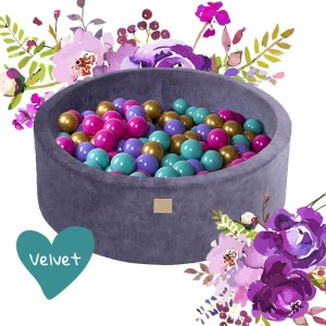 Round Ball Pit with 250 balls, 90x30cm, Blue-Grey, Velvet, Model Flower