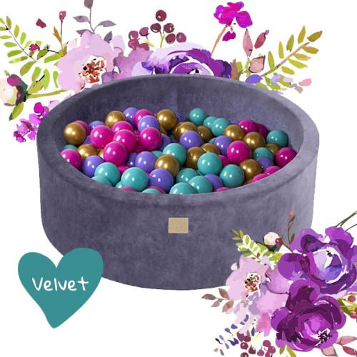 Round Ball Pit with 250 balls, 90x30cm, Blue-Grey, Velvet, Model Flower